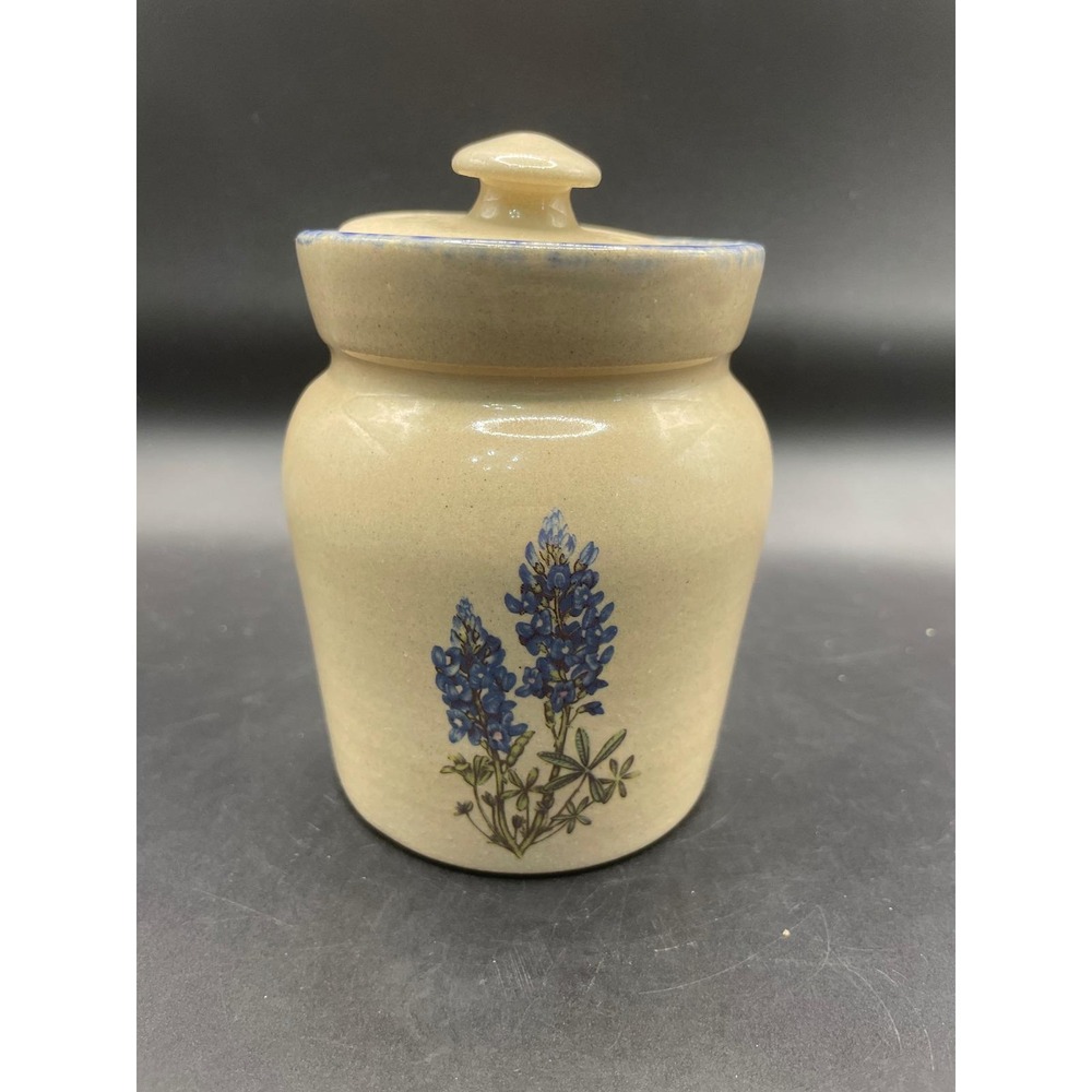 Yesteryears Marshall Texas Pottery Bluebonnet Crock Jar with Lid Hand Turned